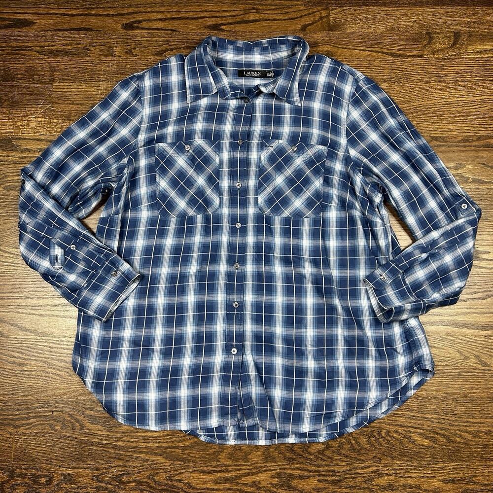Lauren Ralph Lauren Blue and White Plaid Button-Down Shirt